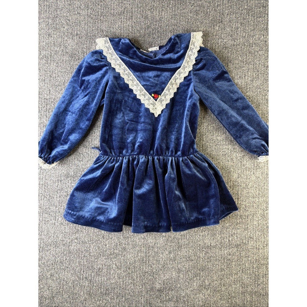 Vintage Pretty‎ As A Picture Blue Velvet Lace Little Girl's Dress Size 6
